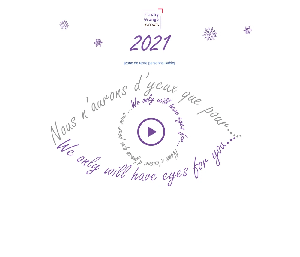 Design du mail de vœux 2021, avec une composition circulaire de mots violets.