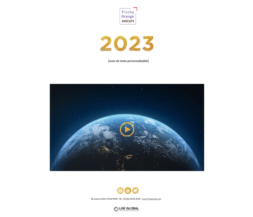 Design du mail de vœux 2023, avec la Terre vue depuis l’espace et des chiffres dorés.