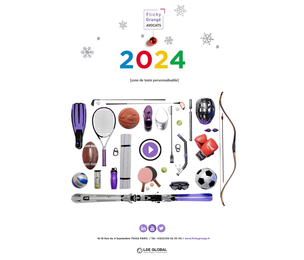 Design du mail de vœux 2024, composé de nombreux équipements sportifs.