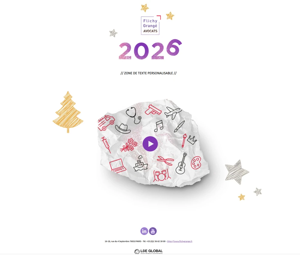 Design du mail de vœux 2026, avec une feuille froissée illustrée et des étoiles.