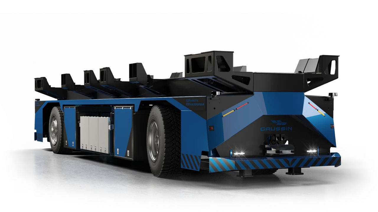 Rendu 3D du véhicule Gaussin AGV et de son châssis de transport.