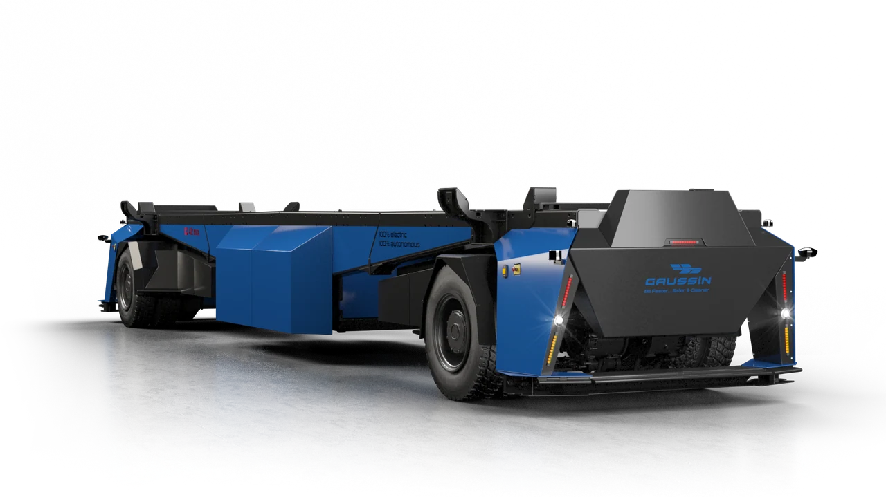 Rendu 3D du véhicule Gaussin AGV IHD, bleu et noir.