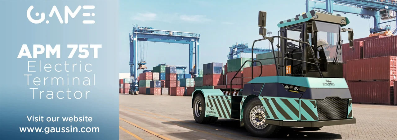Bandeau publicitaire Gaussin présentant un APM 75T dans un port.