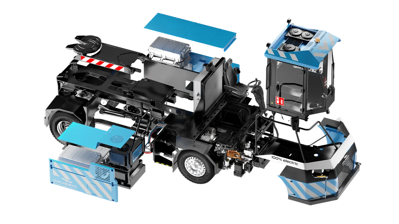 Vue éclatée en 3D d’un APM : carrosserie, cabine, châssis et composants séparés.