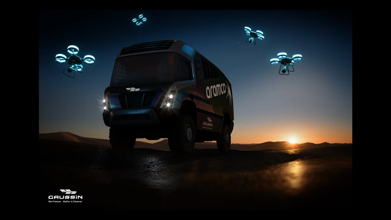 Camion Gaussin dans un désert au crépuscule, entouré de drones.