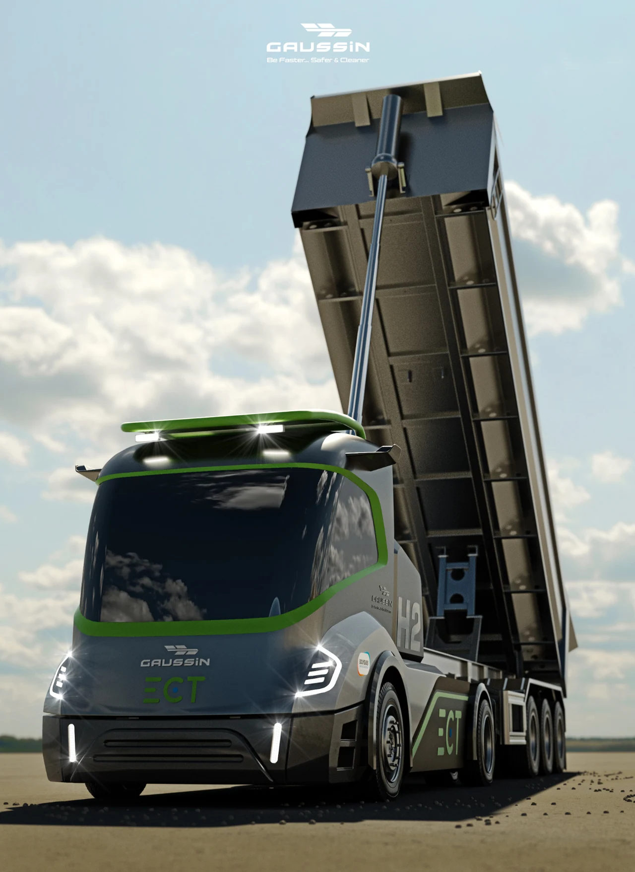 Camion Gaussin électrique avec sa benne relevée, sur un visuel vertical.