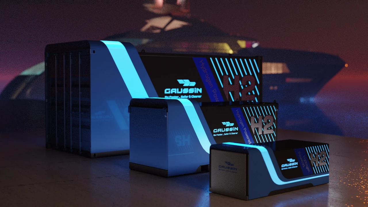 Trois modules d’énergie Gaussin de tailles différentes, mis en scène dans un éclairage bleu et violet.