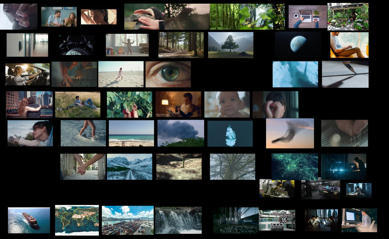 Planche de références visuelles pour le film de marque : personnes, gestes, paysages et matières.