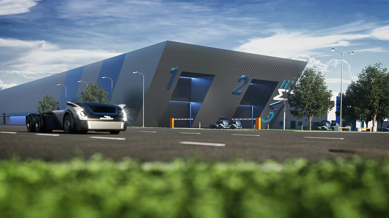 Vue 3D d’un site industriel Gaussin, avec bâtiment et véhicule au premier plan.